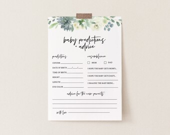 May include: A printable baby shower game card with a watercolor background featuring white flowers and green leaves. The card has sections for guests to write down their predictions for the baby's gender, date of birth, time of birth, height, length, eye color, and resemblance to the parents. The card also includes a section for advice for the new parents.