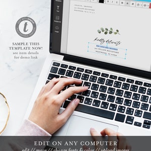 May include: A laptop computer screen displaying a wedding invitation template with the text "kindly deliver to" and "Mr. and Mr. Rueden" with a leafy green design. The text "Edit on any computer" is displayed below the laptop.