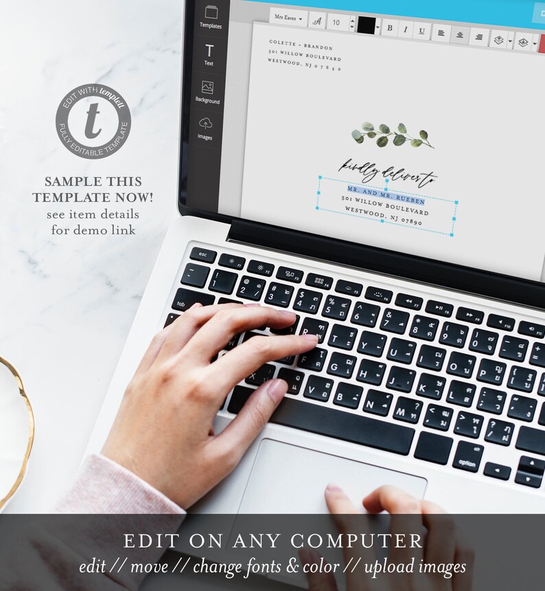 May include: A laptop computer screen displaying a wedding invitation template with the text "kindly deliver to" and "Mr. and Mr. Rueden" with a leafy green design. The text "Edit on any computer" is displayed below the laptop.