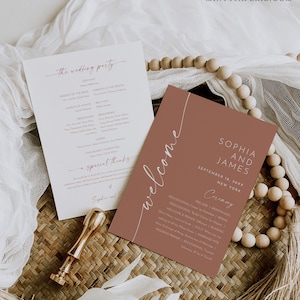 May include: A wedding ceremony programme with a brown background and white text. The programme includes the names Sophia and James, the date September 18, 20XX, and the location New York. The programme also includes the order of the ceremony, which includes a processional, prelude, bridesmaids, bridal processional, welcome and prayer, readings, solo, marriage rite, wedding prayer, recessional, and a voluntary.