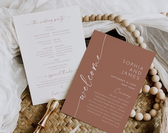 Bohemian Wedding Program Fan, Terracotta Wedding Ceremony Template, Editable, Order of Service, Instant Download, Templett, 5x7 #0034T-182WP