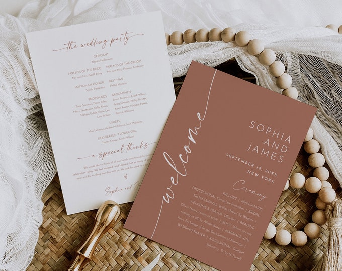 Bohemian Wedding Program Fan, Terracotta Wedding Ceremony Template, Editable, Order of Service, Instant Download, Templett, 5x7 #0034T-182WP