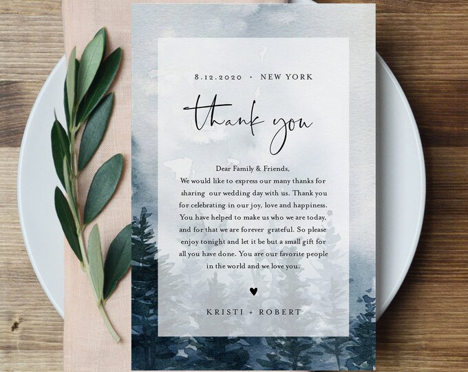 Pine Tree Thank You Letter, Napkin Note, Wedding Menu Thank You, Editable Template, In Lieu of Favors, INSTANT DOWNLOAD, 4x6 #070-133TYN