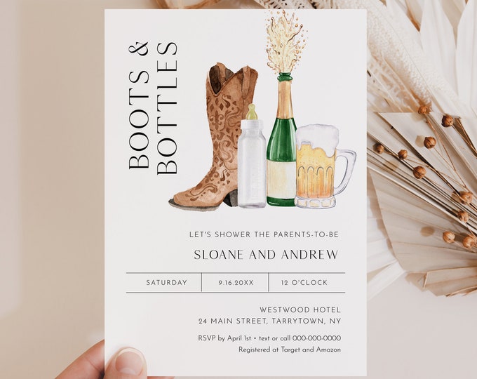 Boots and Bottles Invitation, Baby Shower Invite, Western Baby Shower, Bubbles, Brews, Poppin Bottles, Templett #0026F-226BA