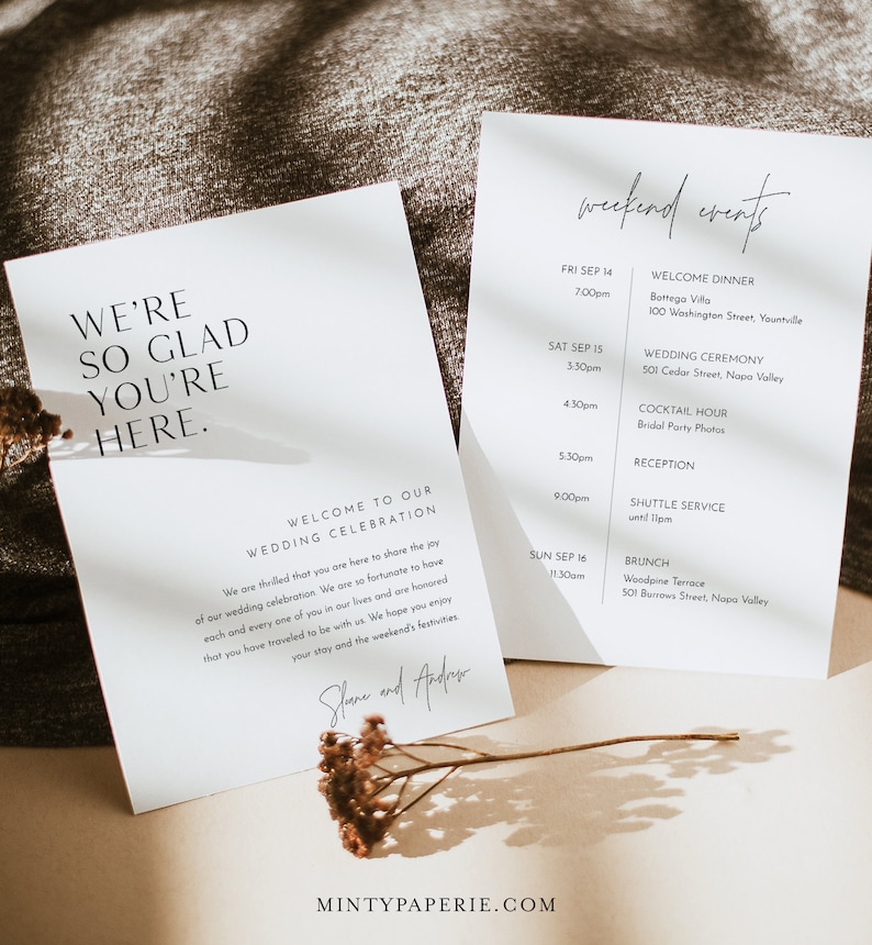 Modern Welcome Letter & Timeline Template, Minimalist Wedding Order of Events, Itinerary, INSTANT DOWNLOAD, 100% Editable Text 0026-185WB image 2