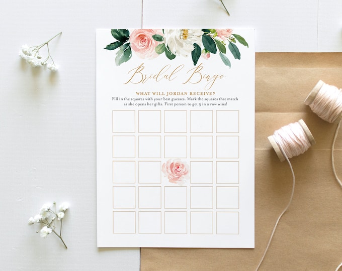 Printable Bridal Shower Bingo Game, Instant Download, Floral Bridal Shower Game, Personalize Bride's Name, Editable Template  #043-110BG