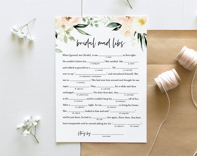 Bridal Mad Lib Game, Boho Floral Bridal Shower Game, Printable Wedding Libs, Editable Template, Instant Download, Templett #076-134BG