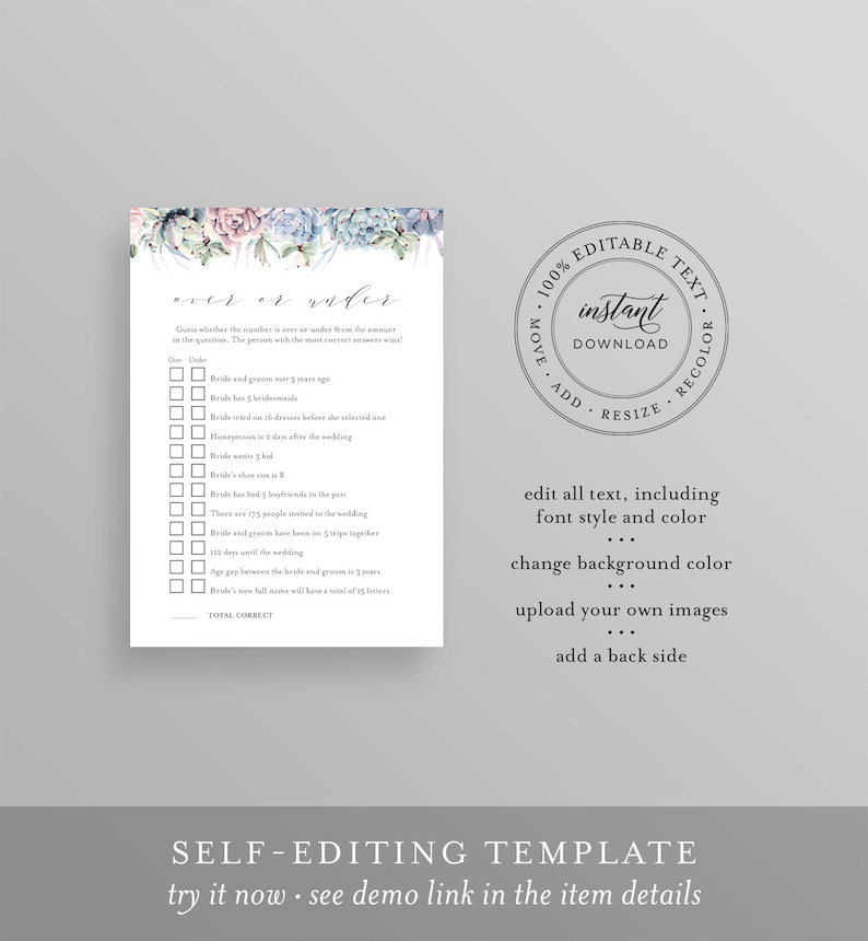 May include: A printable wedding game card with a succulent floral design at the top. The card features the text "Over or Under" and includes a series of questions with checkboxes. The card also has a circular stamp with the words "Instant Download".