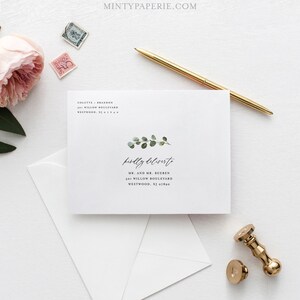 May include: White envelope with a handwritten address and a green eucalyptus sprig illustration. The text reads "Kindly deliver to" followed by the name and address of the recipient.