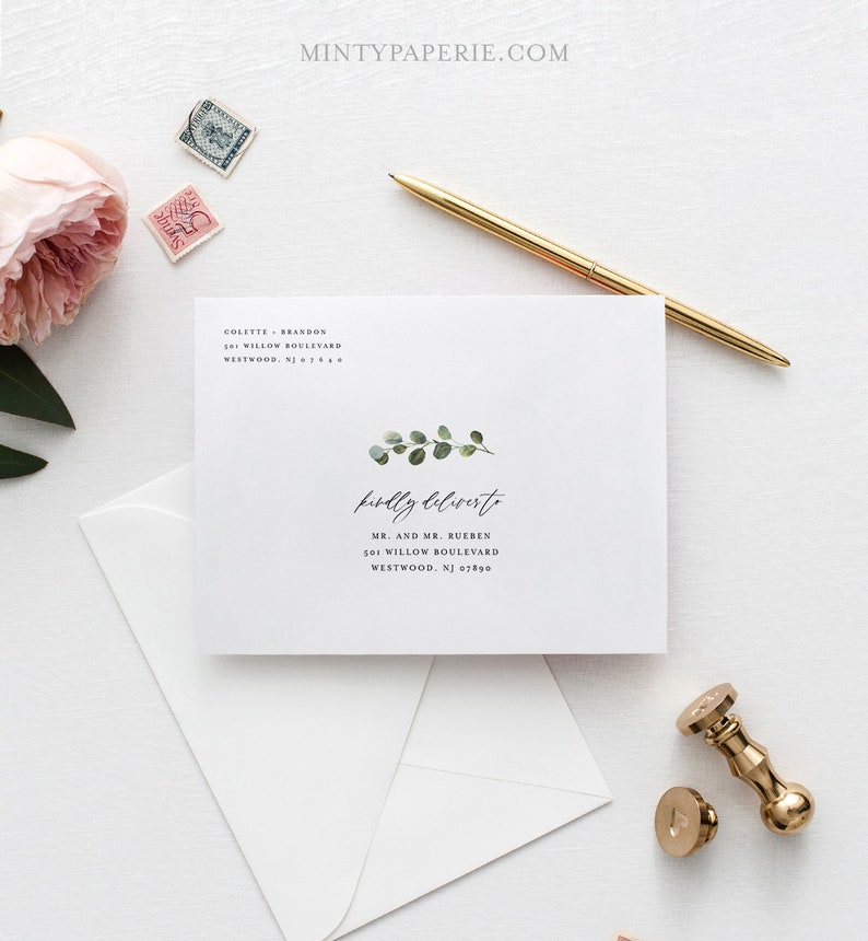 May include: White envelope with a handwritten address and a green eucalyptus sprig illustration. The text reads "Kindly deliver to" followed by the name and address of the recipient.