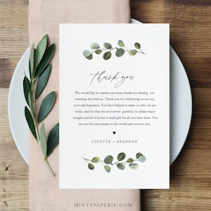 Plantilla de carta de agradecimiento, nota de agradecimiento de recepción de boda, descarga instantánea, imprimible en lugar de tarjeta de favor, totalmente editable #082-145TYN