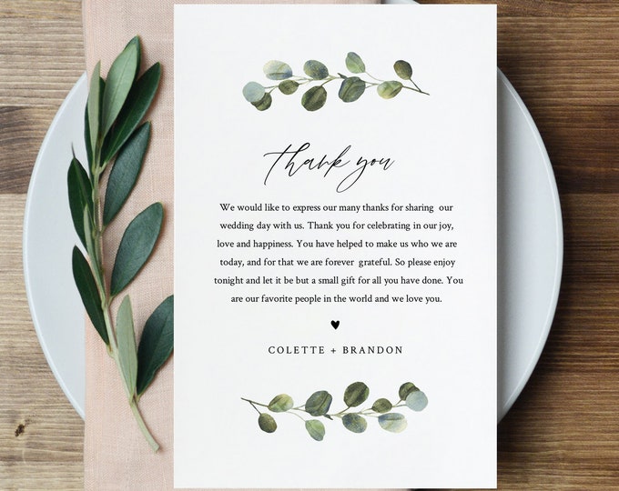 Thank You Letter Template, Wedding Reception Thank You Note, Instant Download, Printable In Lieu of Favor Card, Fully Editable #082-145TYN