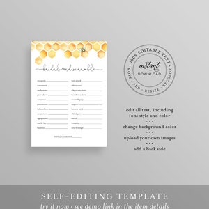K&ouml;nnte beinhalten: Ein druckbares Brautparty-Spiel mit einem Wabenmuster und einer Bienenillustration. Das Spiel hei&szlig;t "bridal word scramble" und enth&auml;lt eine Liste von W&ouml;rtern, die man entwirren muss. Der Text "100% Editable Text, Instant Download, Move, Add, Resize, Recolor" befindet sich in einem Kreis um das Spiel.
