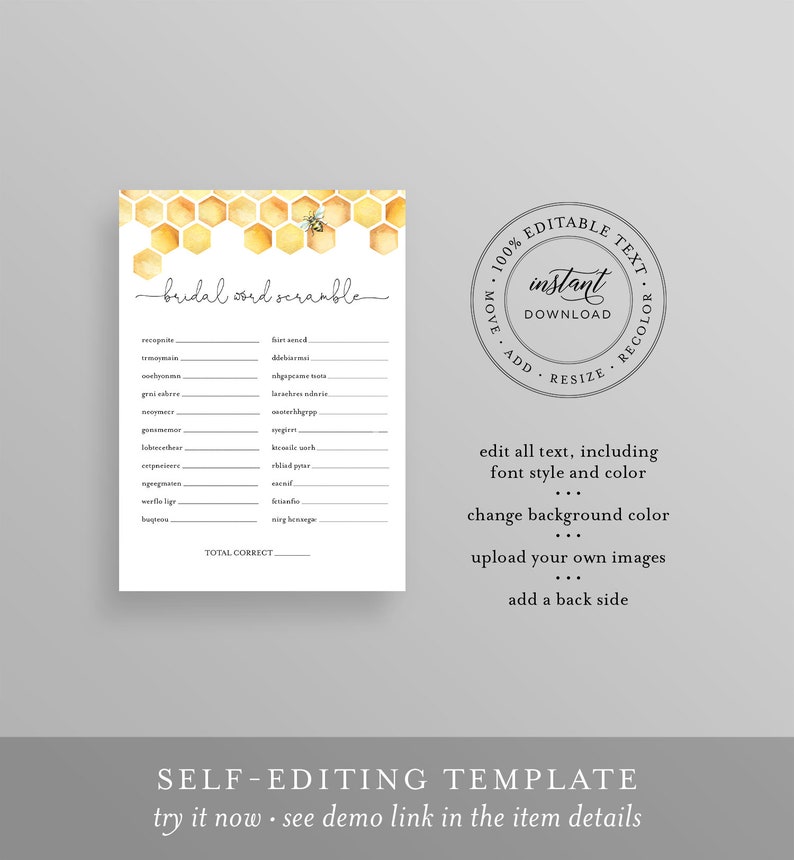 K&ouml;nnte beinhalten: Ein druckbares Brautparty-Spiel mit einem Wabenmuster und einer Bienenillustration. Das Spiel hei&szlig;t "bridal word scramble" und enth&auml;lt eine Liste von W&ouml;rtern, die man entwirren muss. Der Text "100% Editable Text, Instant Download, Move, Add, Resize, Recolor" befindet sich in einem Kreis um das Spiel.