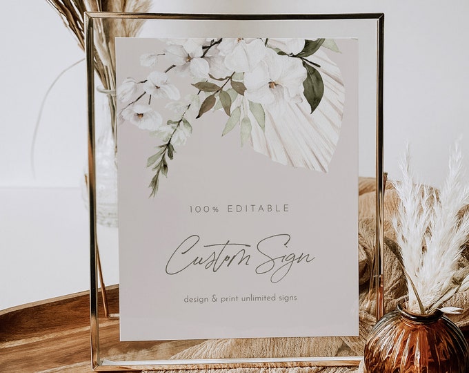 Elegant Boho Custom Sign Template, Bohemian, Pampas, Palm, Wedding, Bridal Shower, Unlimited Signs, Instant Download, Templett #0028B-192CS