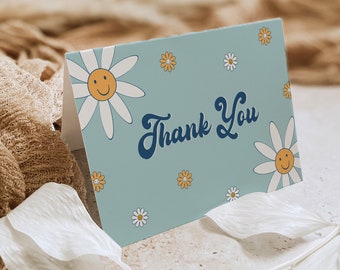 Groovy Thank You Folded & Flat Card, Retro Hippie Boy Baby Shower, Birthday Thank You, Editable Template, Templett, 3.5x5 #051-226TYC