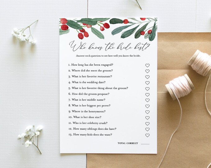 Who Knows the Bride Best Bridal Shower Game, Printable Winter Holly & Greenery Bridal Shower Template, Instant Download, Templett #071-195BG