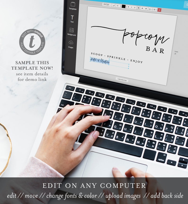 May include: A laptop computer screen displaying a template for a popcorn bar sign. The text on the sign reads "popcorn bar" and "scoop, sprinkle, enjoy". The sign is being edited on the computer screen.