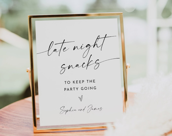 Snack Station Sign, Late Night Snacks, Minimalist Wedding Sign, Snack Bar, Editable Template, Instant Download, Templett, 8x10 #0034W-41S