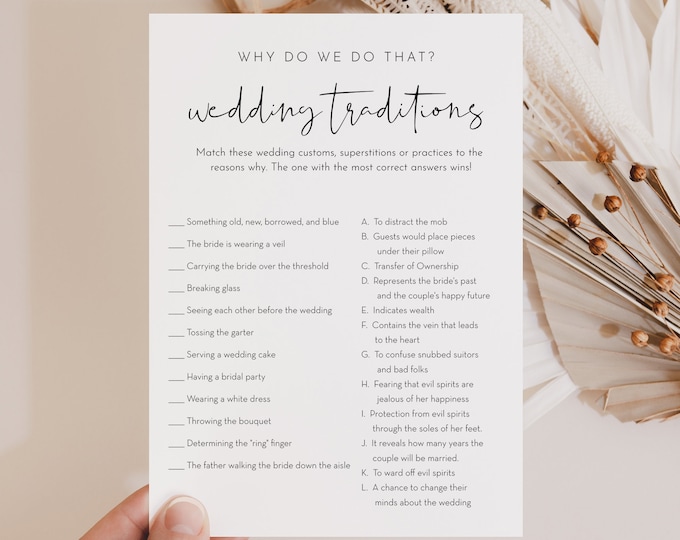 Wedding Traditions Bridal Shower Game Template, Minimalist Bridal Shower Printable, Editable Template, Instant Download, Templett 0031-24BRG