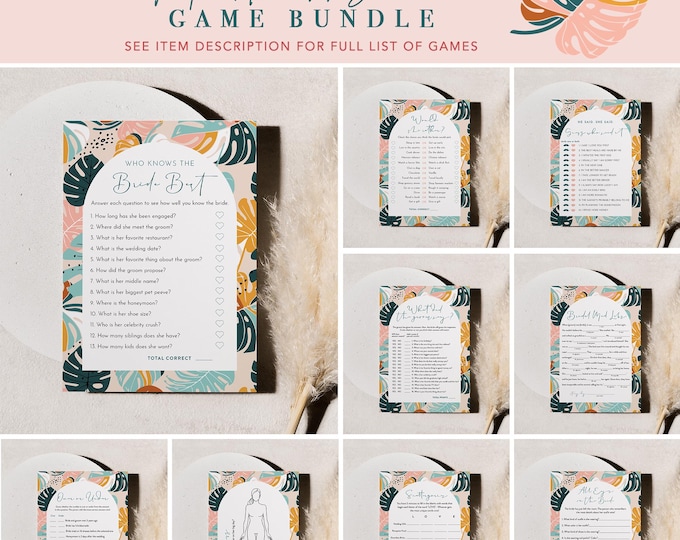 Tropical Bridal Shower Game Bundle, 36 Games, Aloha Wedding Shower Games, Pampas, Editable Templates, Instant Download, Templett #0043-BGB