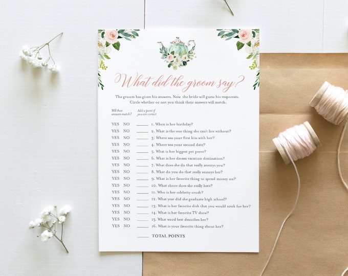 What Did the Groom Say, Tea Party Bridal Shower Game, Printable Bridal Game, Editable Template, Instant Download, Templett, 5x7 #085-237BG
