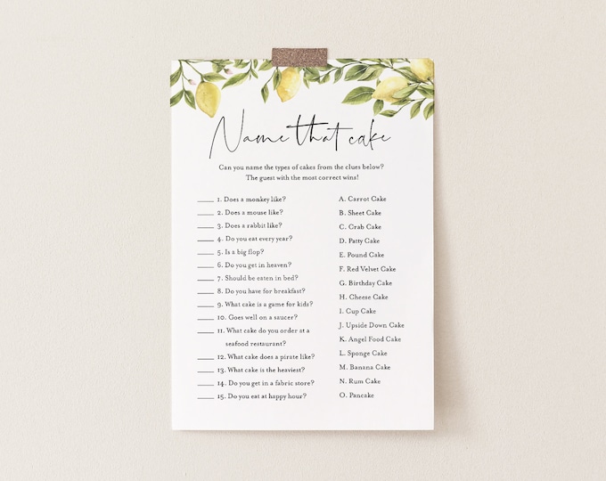 Name That Cake Bridal Shower Game, Printable Citrus Lemon Bridal Game, Instant Download, Editable Template, Templett, 5x7 #089-188BG
