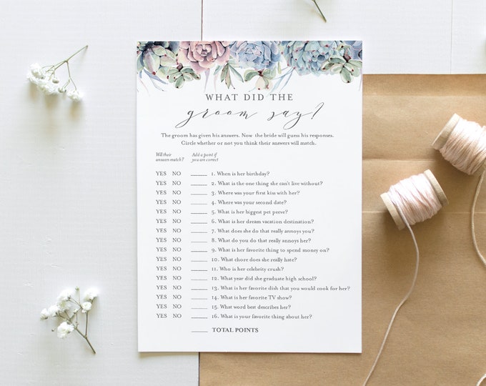 What Did the Groom Say, Bridal Shower Game, Printable Succulent Bridal Game, Editable Template, Instant Download, Templett, 5x7 #041-276BG