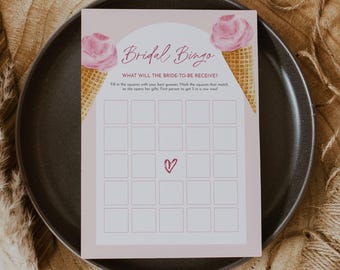 Ice Cream Bridal Bingo Game, Summer Bridal Shower, DIY Printable Bingo, Editable Template, Instant Download, Templett, 5x7 #0035-01BRG