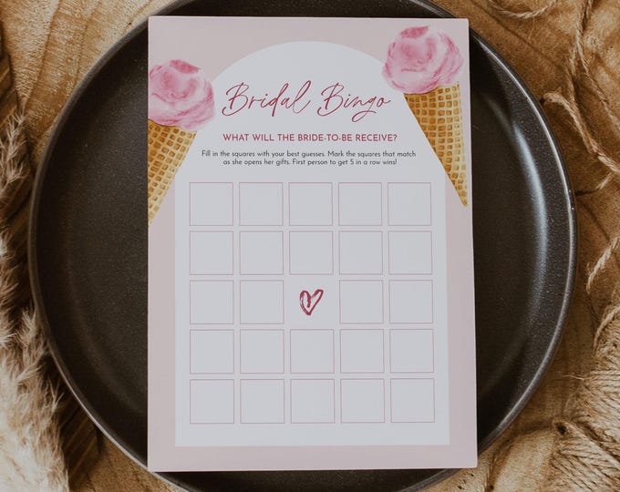 Ice Cream Bridal Bingo Game, Summer Bridal Shower, DIY Printable Bingo, Editable Template, Instant Download, Templett, 5x7 #0035-01BRG