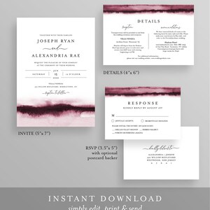 Burgundy Watercolor Wedding Invitation Set, Wine, Vineyard Theme, Modern, Minimalist, Editable Template, Instant Download, Templett 093B image 2