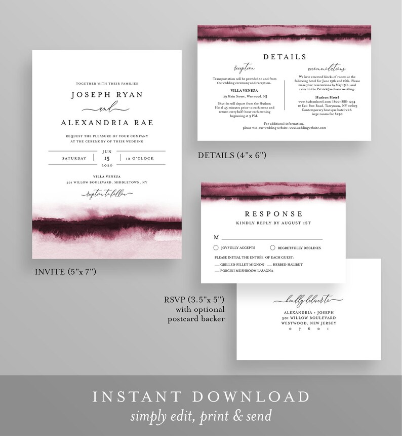 Burgundy Watercolor Wedding Invitation Set, Wine, Vineyard Theme, Modern, Minimalist, Editable Template, Instant Download, Templett 093B image 2