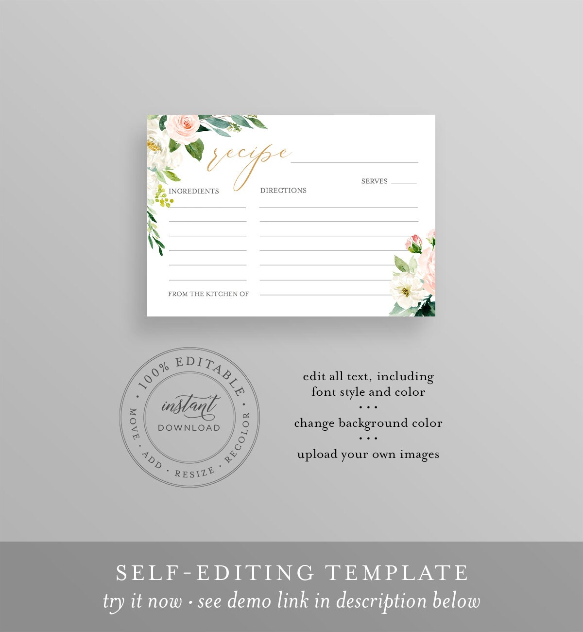 Boho Floral Recipe Card Printable Instant Download Bridal Shower Recipe Insert Fully Editable Template SR20 Self-Editing Card