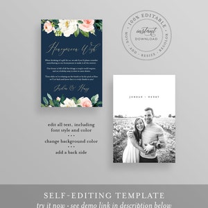 May include: Editable wedding card template with a navy blue background and floral design. The text reads "Honeymoon Wish" and includes the names "Jordan & Harry". The card also includes a photo of a couple in a field.