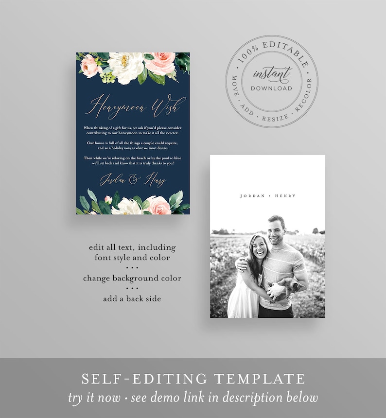 May include: Editable wedding card template with a navy blue background and floral design. The text reads "Honeymoon Wish" and includes the names "Jordan & Harry". The card also includes a photo of a couple in a field.