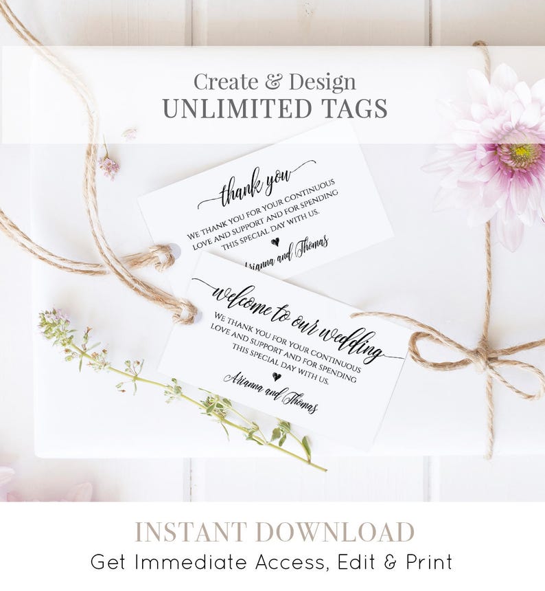 May include: Two white wedding favor tags with black text. The top tag says "thank you" and the bottom tag says "welcome to our wedding". Both tags have the names "Arianna and Thomas" written on them.