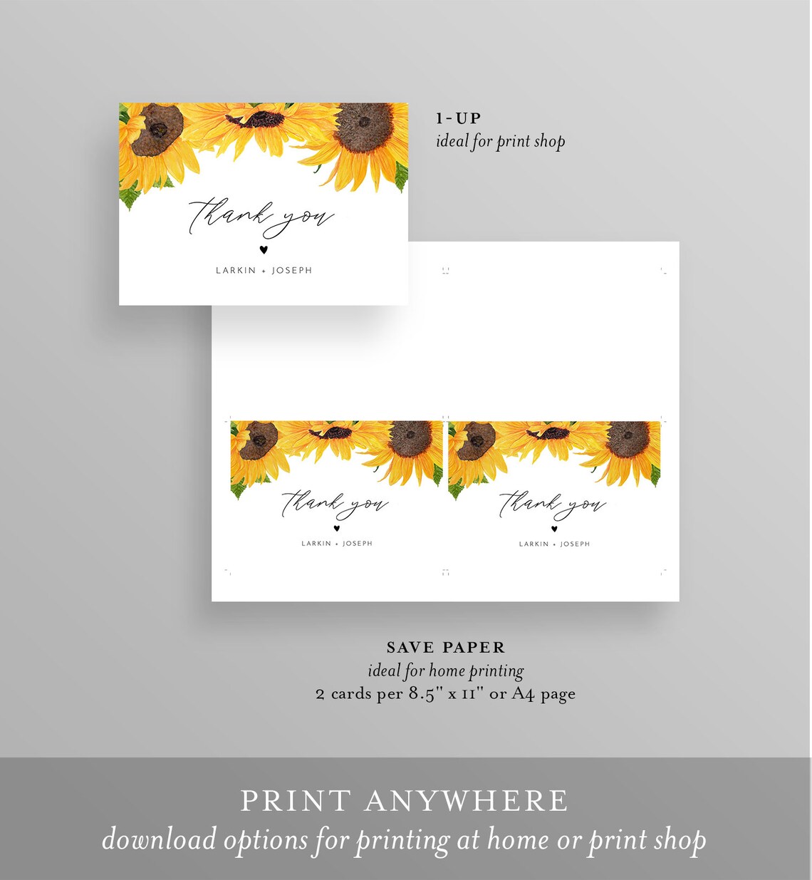 Sunflower Thank You Card Rustic Sunflower Wedding / Bridal | Etsy