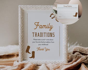 Family Traditions Sign and Card, Western Baby Shower, Share a Memory, Childhood Memory, Editable Template, Instant, Templett #0040-46S