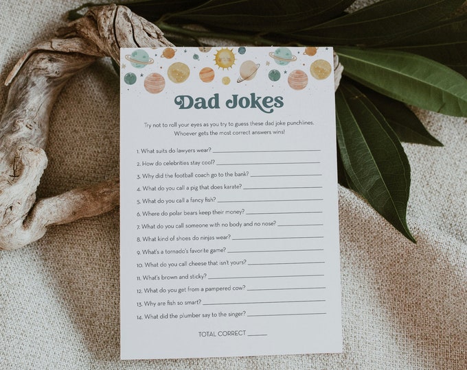 Space Dad Jokes Baby Shower Game, Planets Baby Shower, Funny Riddles, Trivia, Editable Template, Instant Download, Templett #0052AW-03BAG