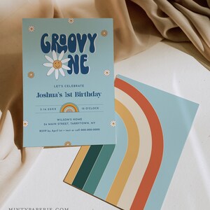 Groovy One Birthday Invitation for Boy, Hippie, Retro, 70's Vibe, 1st Birthday Invite, First, Editable Template, Instant, Templett 051-122BD image 4