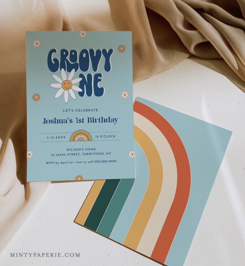 Groovy One Birthday Invitation for Boy, Hippie, Retro, 70's Vibe, 1st Birthday Invite, First, Editable Template, Instant, Templett 051-122BD image 4