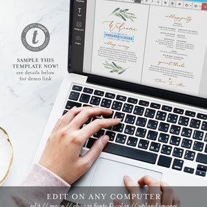 May include: A laptop computer with a wedding welcome sign displayed on the screen. The sign features a watercolor design with green leaves and gold lettering. The text on the sign reads "Welcome to the wedding of Chelsea & Alex" and "wedding ceremony". The laptop keyboard is visible in the image.