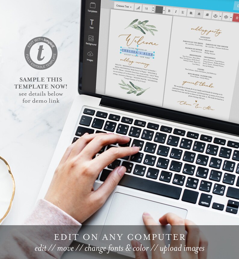 May include: A laptop computer with a wedding welcome sign displayed on the screen. The sign features a watercolor design with green leaves and gold lettering. The text on the sign reads "Welcome to the wedding of Chelsea & Alex" and "wedding ceremony". The laptop keyboard is visible in the image.