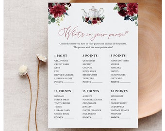 What's In Your Purse Bridal Shower, Tea Party Bridal Shower Game Template, 100% Editable Text, Instant Download, Templett, 5x7 #085B-243BG