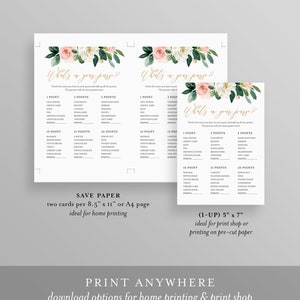 May include: Two printable game cards with a floral design. The cards are titled "What's in your purse?" and feature a list of items with points assigned to each. The text "Save Paper" is at the bottom of the cards, indicating that they can be printed on 8.5 x 11 inch paper. The text "(1-UP) 5 x 7" is at the bottom of the second card, indicating that it can be printed on 5 x 7 inch paper.