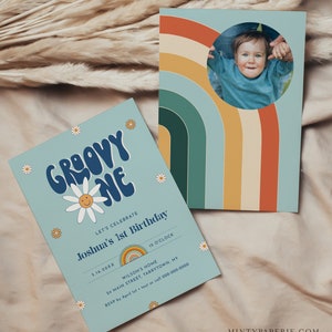 Groovy One Birthday Invitation for Boy, Hippie, Retro, 70's Vibe, 1st Birthday Invite, First, Editable Template, Instant, Templett 051-122BD image 2