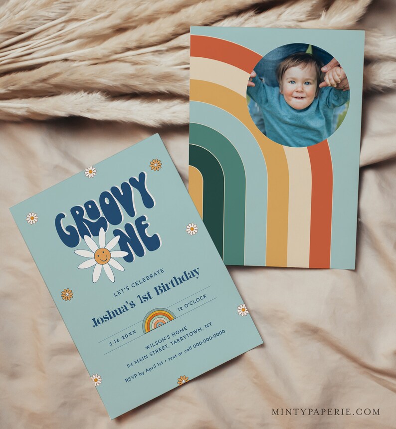 Groovy One Birthday Invitation for Boy, Hippie, Retro, 70's Vibe, 1st Birthday Invite, First, Editable Template, Instant, Templett 051-122BD image 2