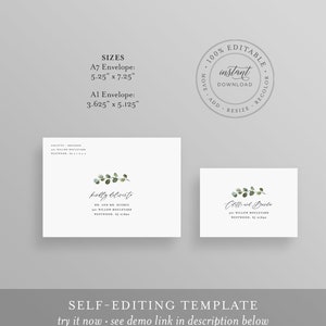 May include: A printable wedding invitation template with a eucalyptus illustration. The template is editable and includes two envelope sizes: A7 (5.25 inches by 7.25 inches) and A1 (3.625 inches by 5.125 inches).