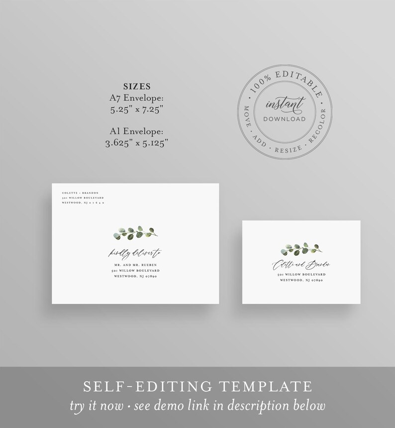 May include: A printable wedding invitation template with a eucalyptus illustration. The template is editable and includes two envelope sizes: A7 (5.25 inches by 7.25 inches) and A1 (3.625 inches by 5.125 inches).