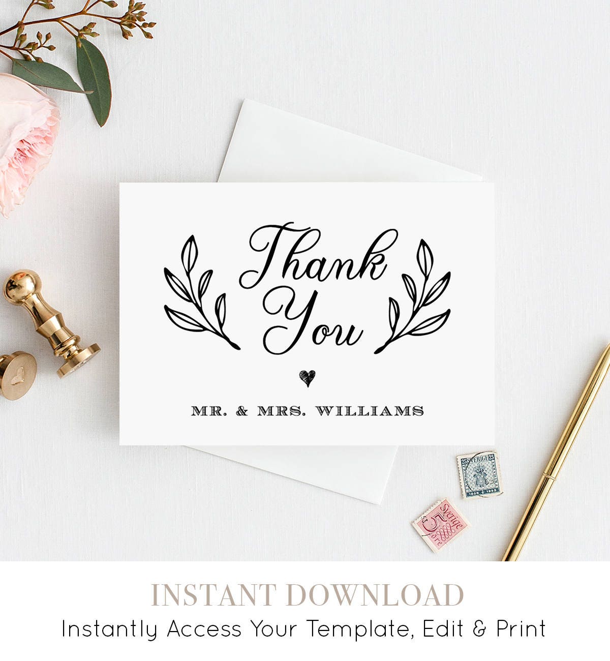 Thank You Card Template, Printable Rustic Wedding Thank You Note Card ...
